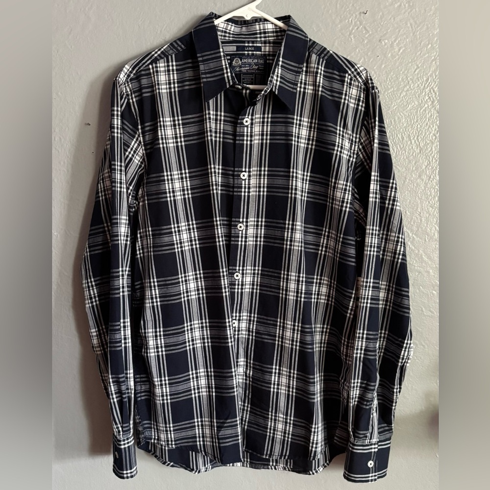 American Rag Shirt Mens L Multicolor Blue Gray Plaid Button Up. NWT.‎